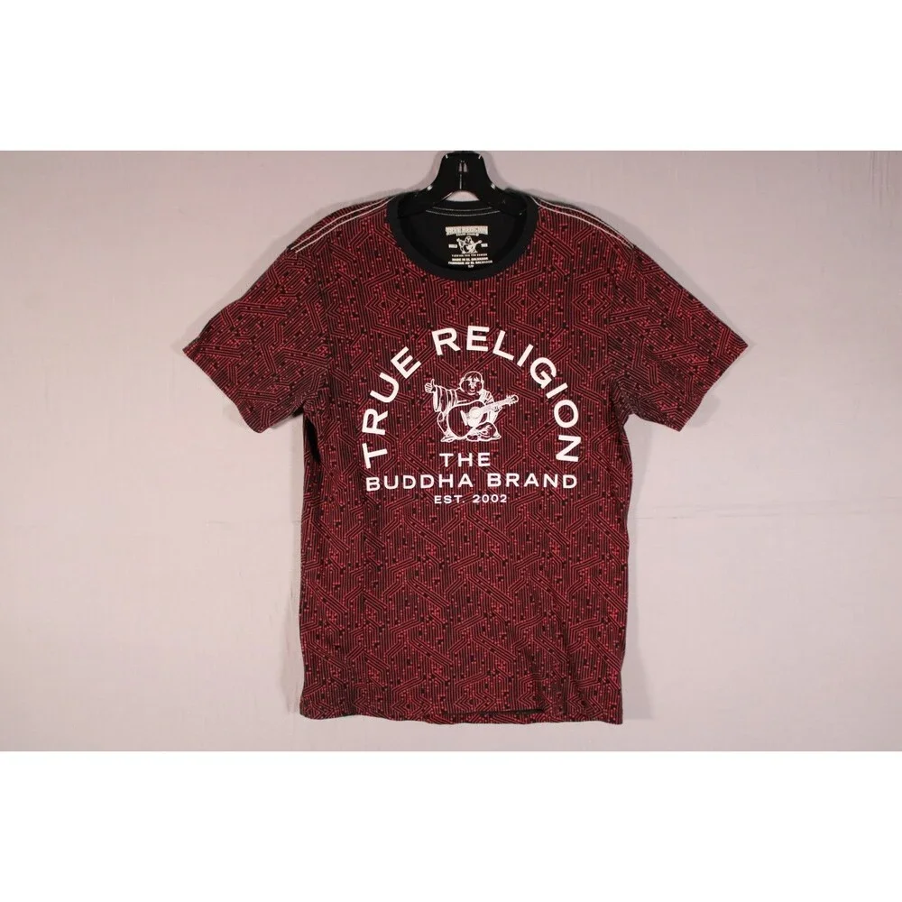 True Religion Men's Black Red All Over Print Buddha Graphic Crewneck T-Shirt S